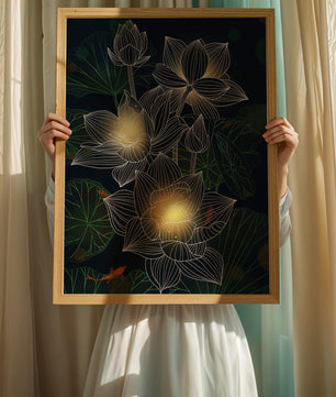 Beautiful lotus flowers with glow effect and koi fish - Mi tienda