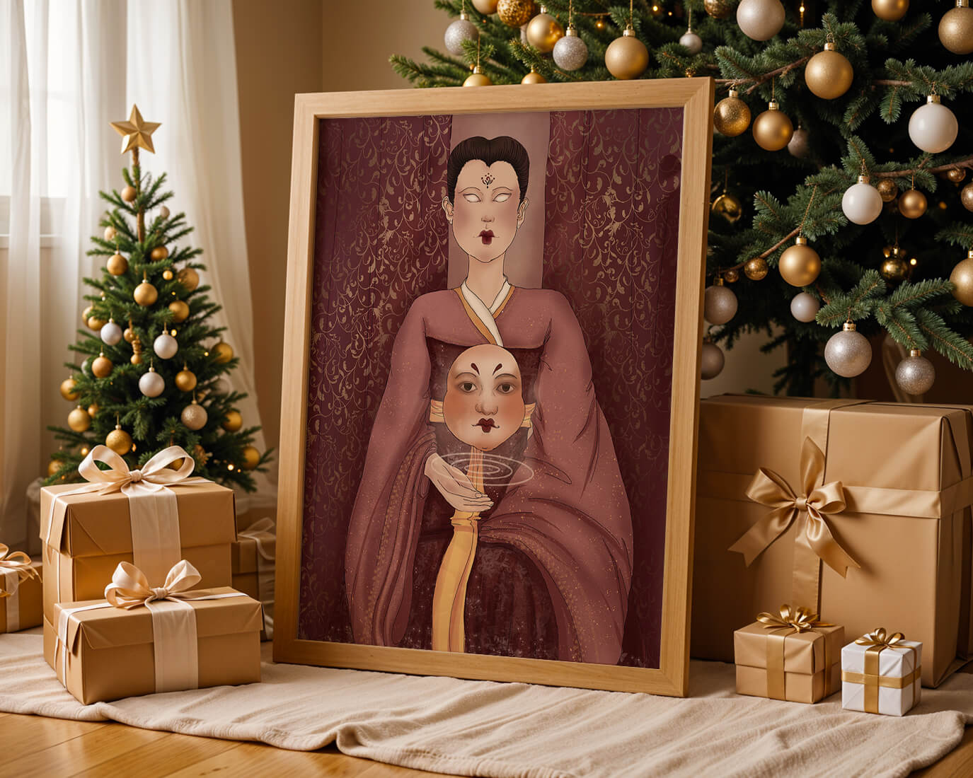 Ilustración de una figura mística con máscara y fondo ornamentado