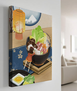 Illustration eines gemütlichen Winteressens mit Hot Pot und Zutaten