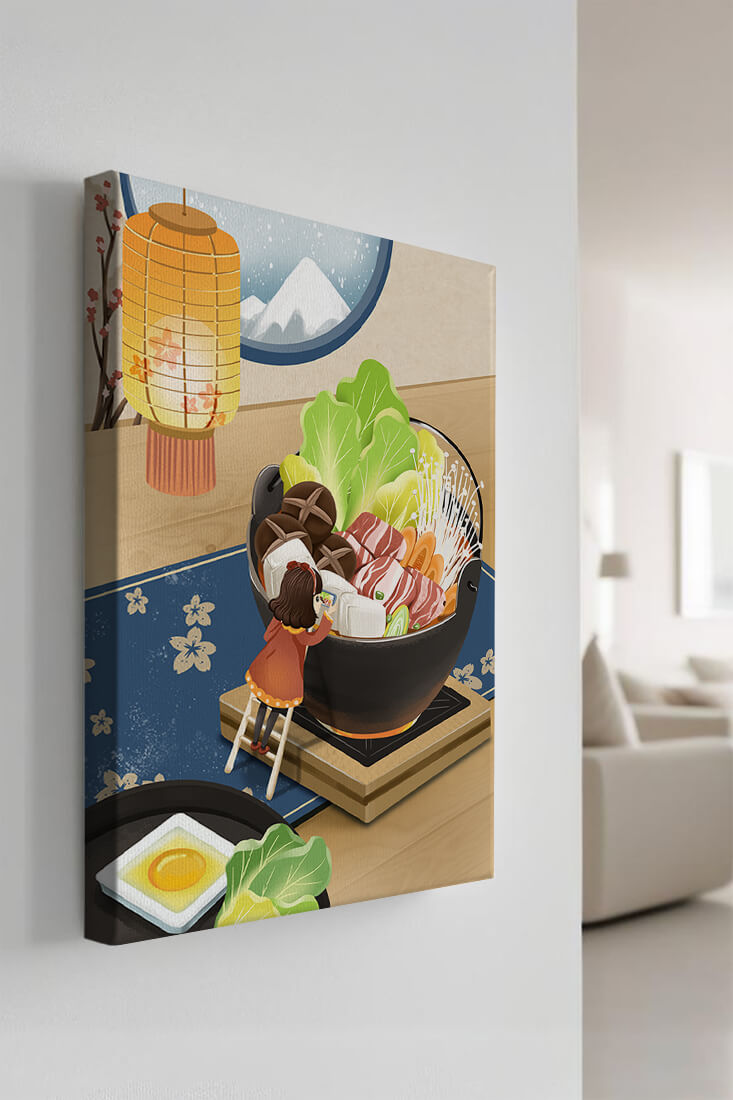 Illustration eines gemütlichen Winteressens mit Hot Pot und Zutaten
