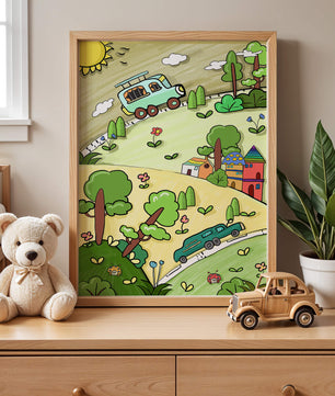 Colorful cartoon landscape with vehicles and nature scene