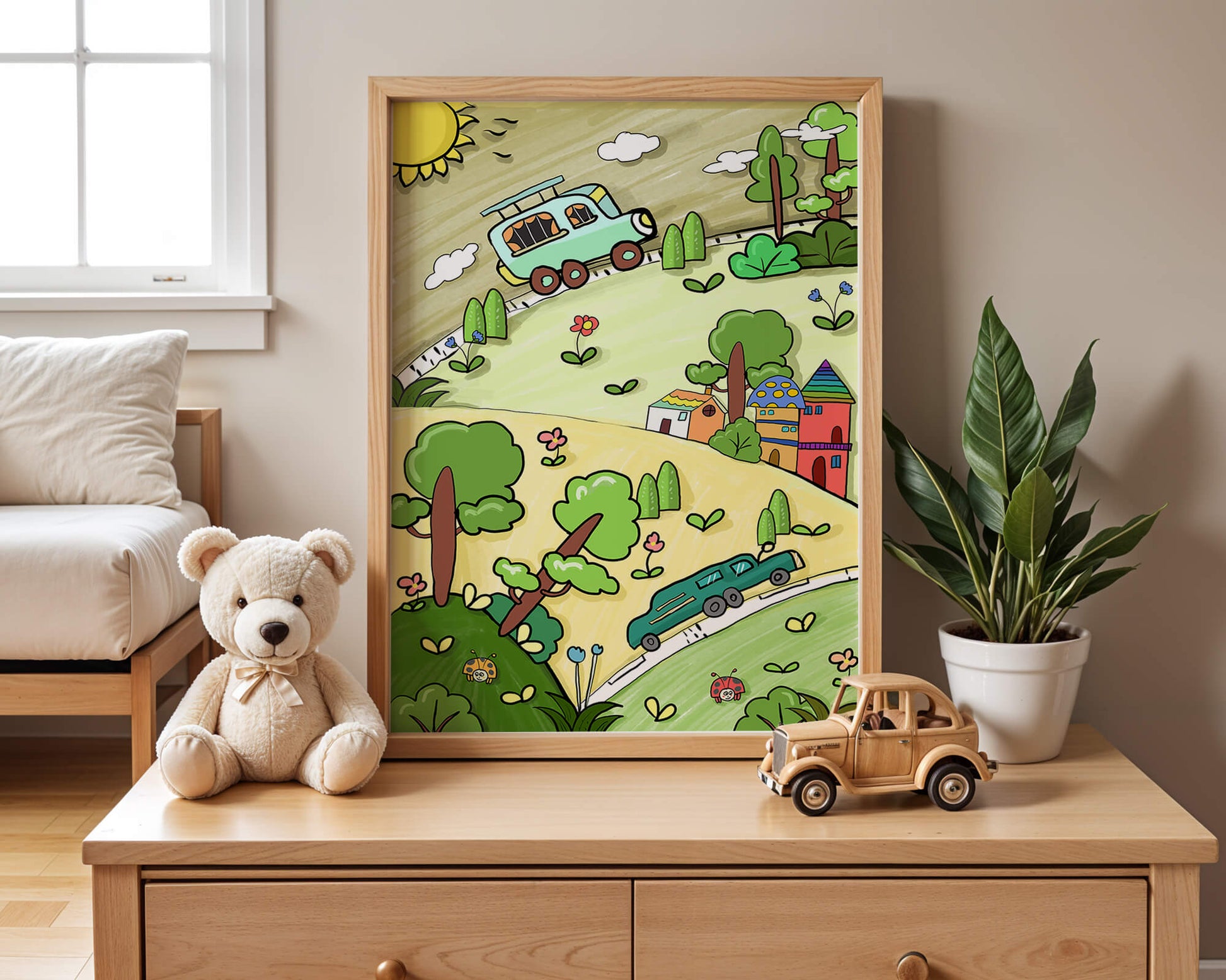 Colorful cartoon landscape with vehicles and nature scene