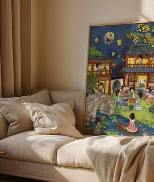 Traditional Chinese Garden Scene with Lanterns and Moon Rabbit