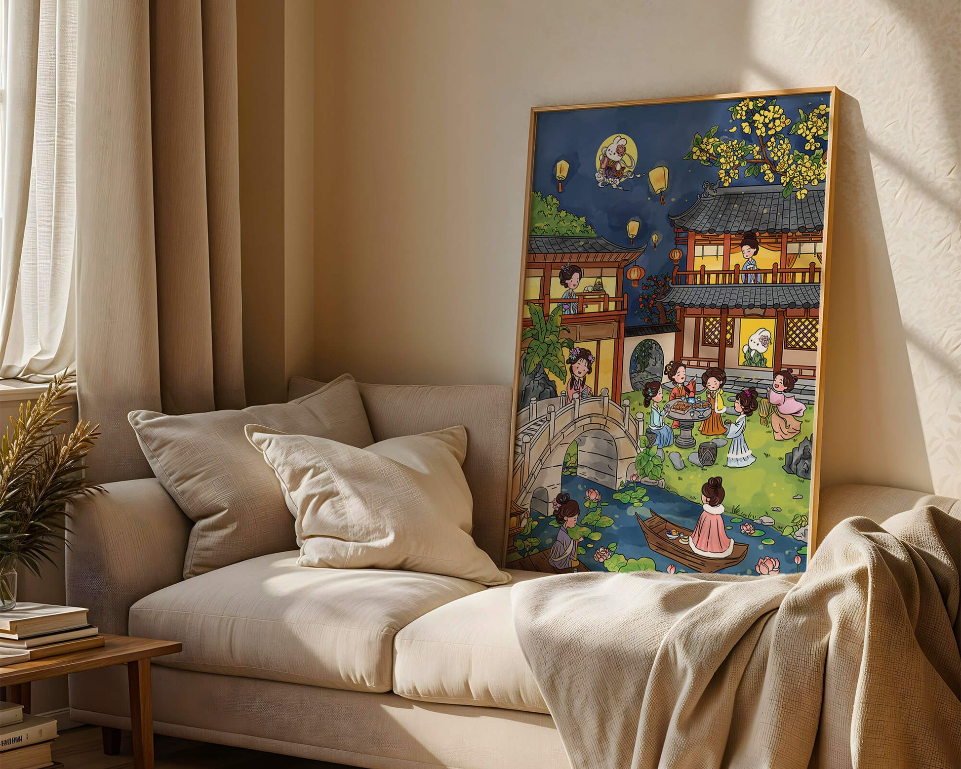 Escena de jardín chino tradicional con linternas y conejo lunar