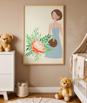 Ilustración de una mujer en vestido azul con diseño floral