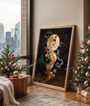 Elegant celestial dancer with gold elements in an ethereal fantasy scene