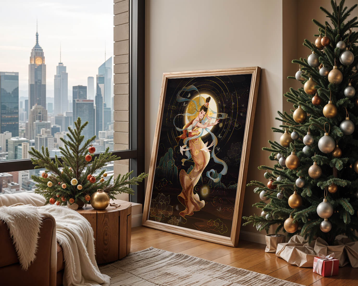 Elegant celestial dancer with gold elements in an ethereal fantasy scene