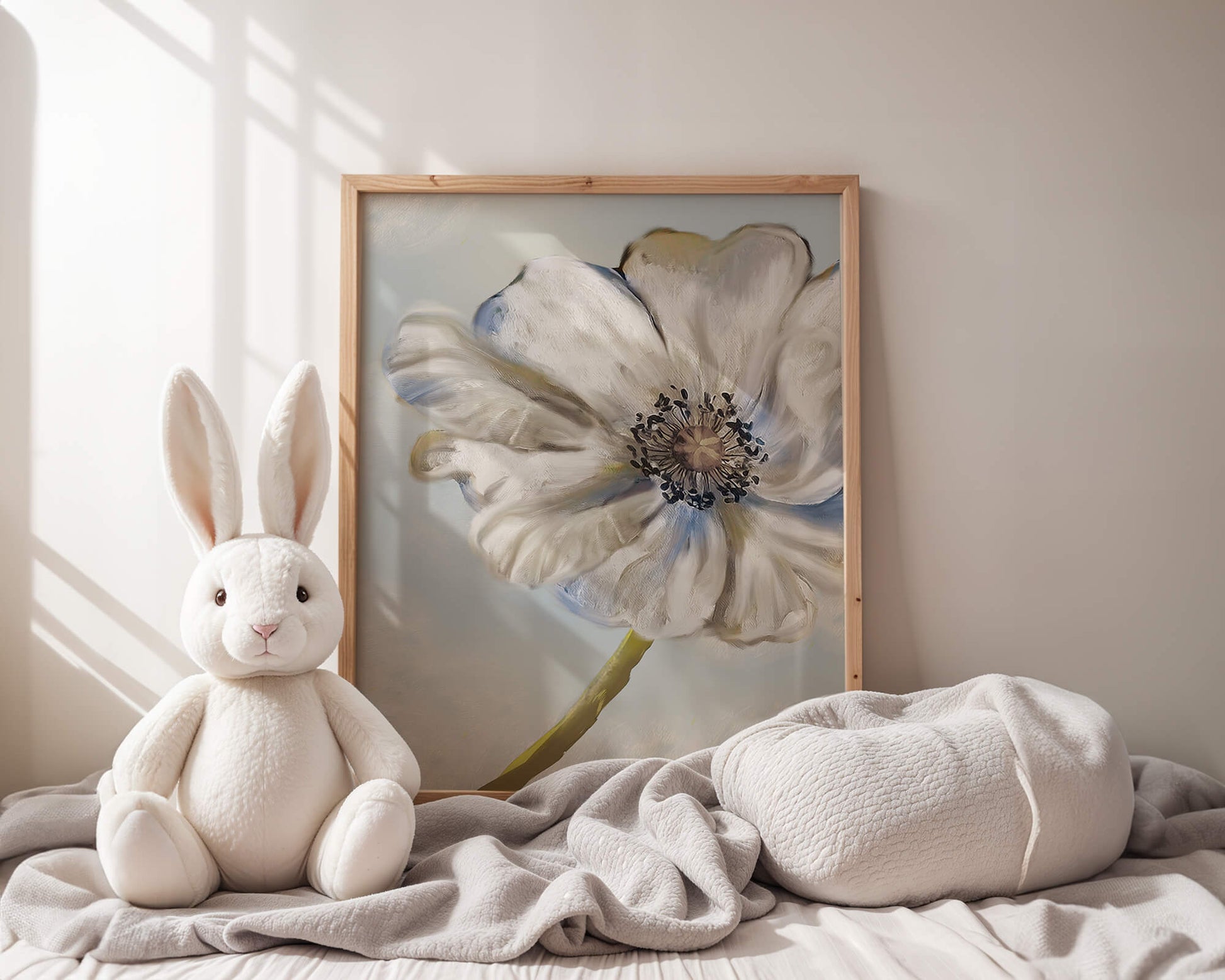 Captivating white flower art with blue hues on a pastel background