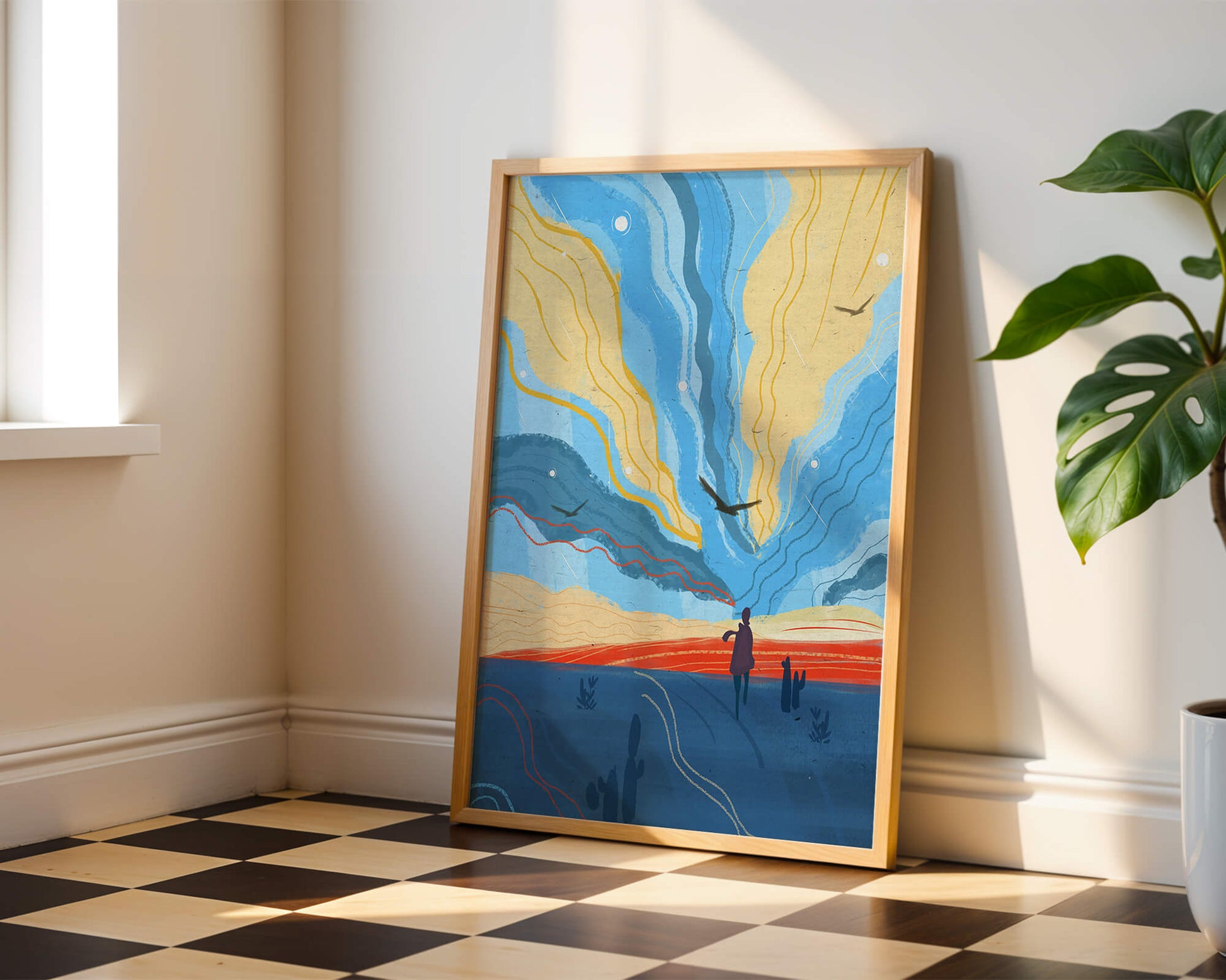 Colorful abstract landscape with figure and birds