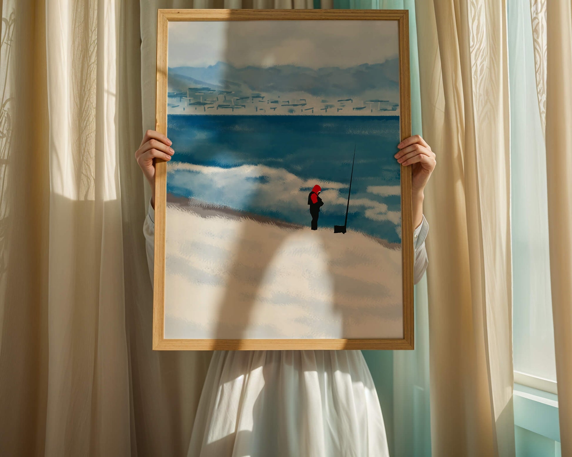 Winterlandschaft mit Person in roter Jacke am Meer