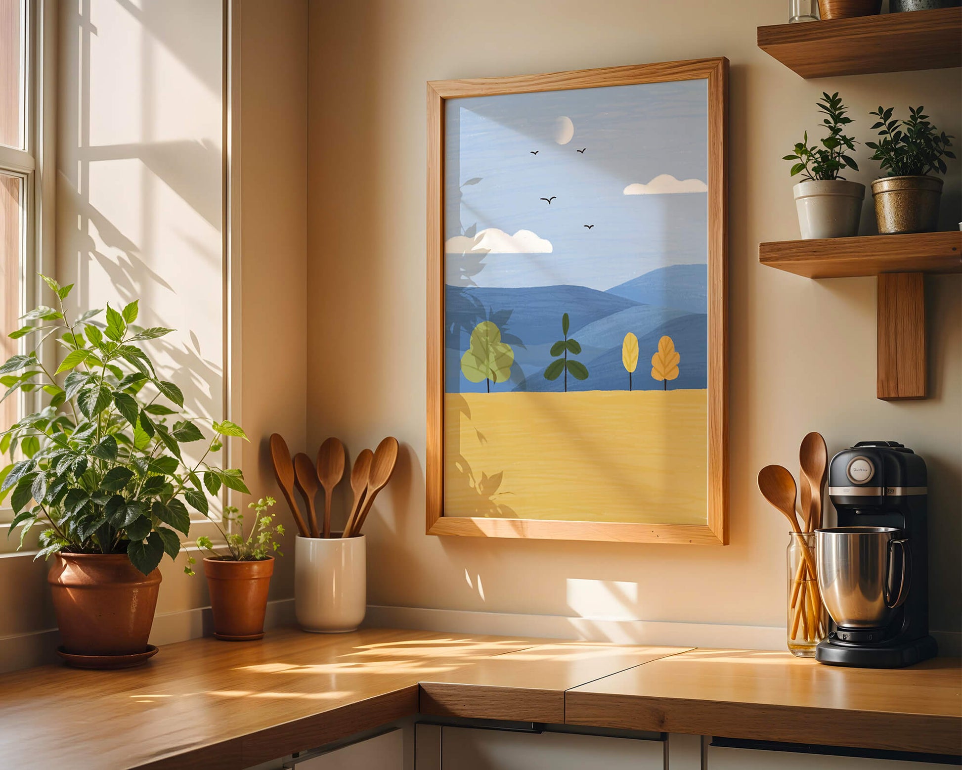 Paisaje colorido con árboles y aves en un campo sereno