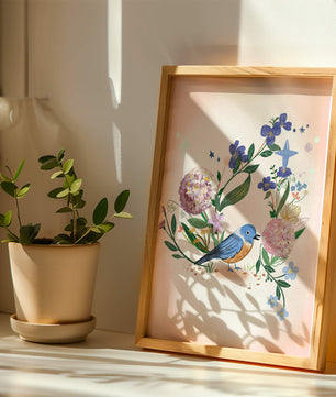 Delightful illustration of a bird amidst colorful flowers on a soft pink background