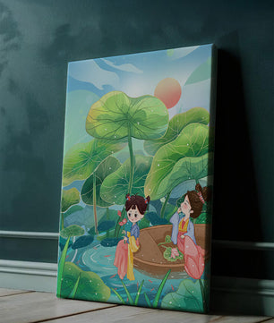 Charming illustration of children on a boat in a lush lotus pond