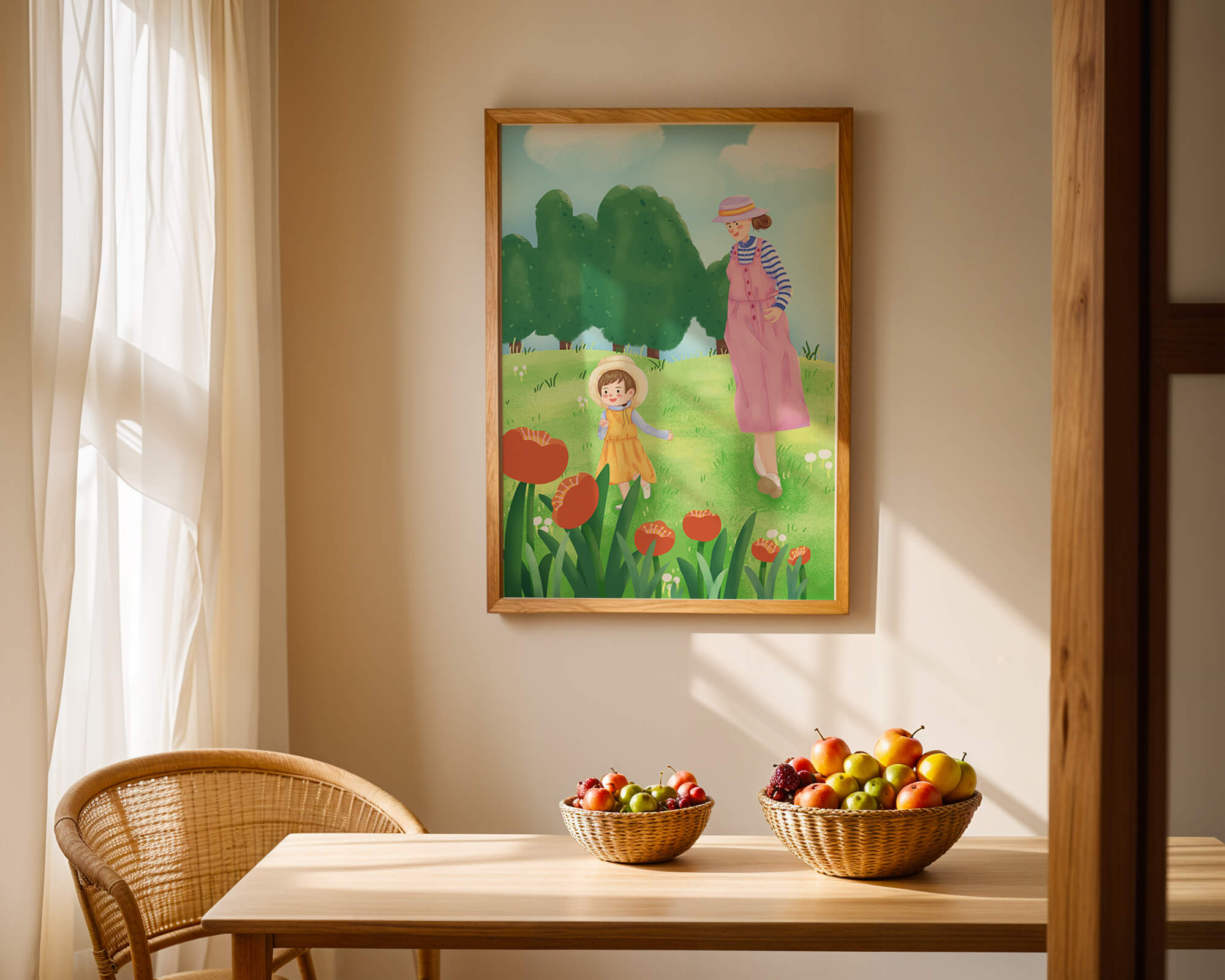 Mother and child in a floral garden under clear skies