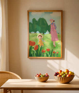 Mother and child in a floral garden under clear skies