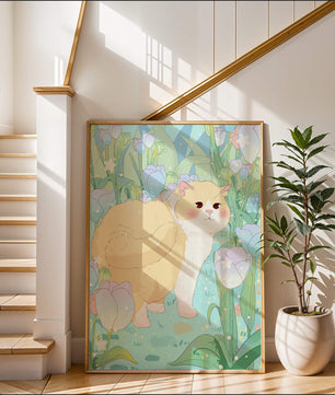 Charmante illustration d’un chat dans un jardin luxuriant de tulipes