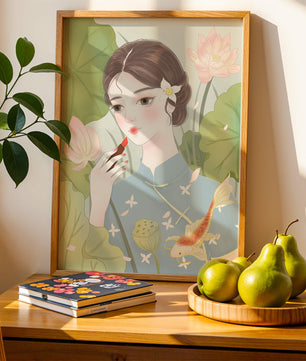 Elegant Woman in Traditional Dress with Lotus and Koi Fish - Mi tienda