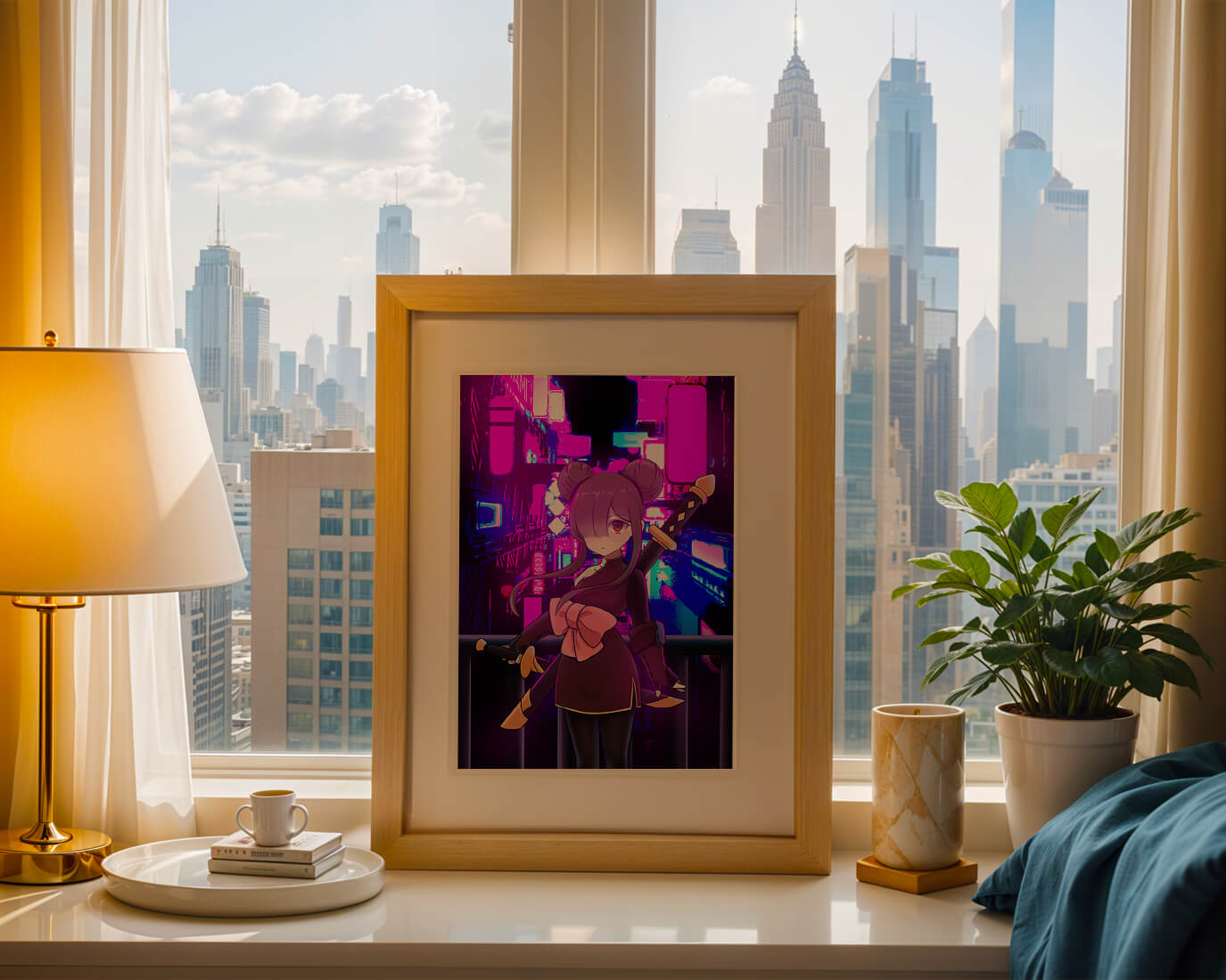 Anime Character with Swords and Neon Cityscape Background