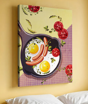 Huevos fritos y salchichas en una sartén con tomates y hierbas sobre un fondo colorido
