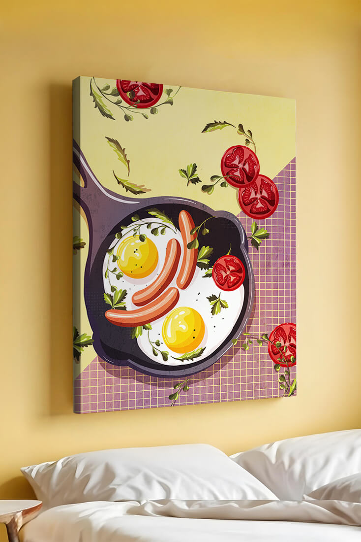 Fried Eggs and Sausages in Pan with Tomatoes and Herbs on Colorful Background
