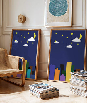 Night cityscape with colorful buildings and starry sky