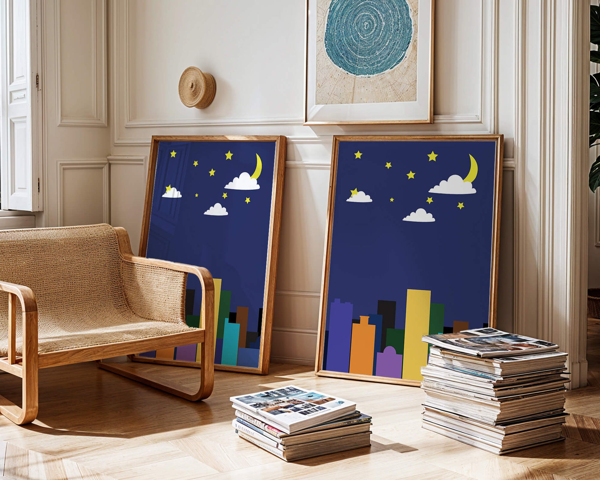 Night cityscape with colorful buildings and starry sky