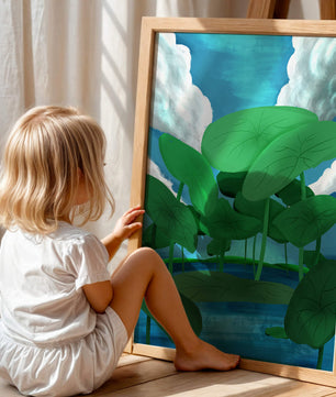 Serene landscape with lush green leaves and blue horizon