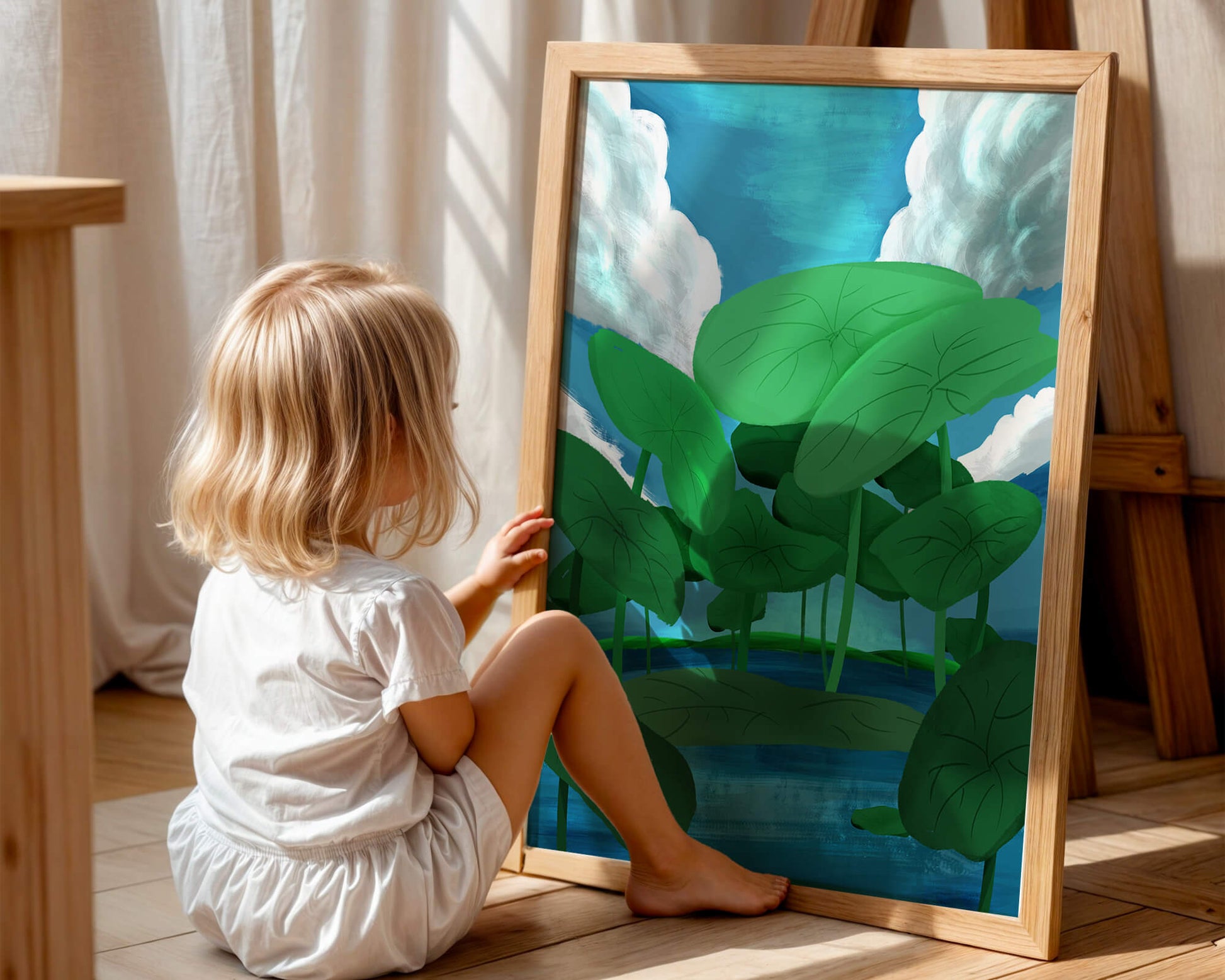 Serene landscape with lush green leaves and blue horizon