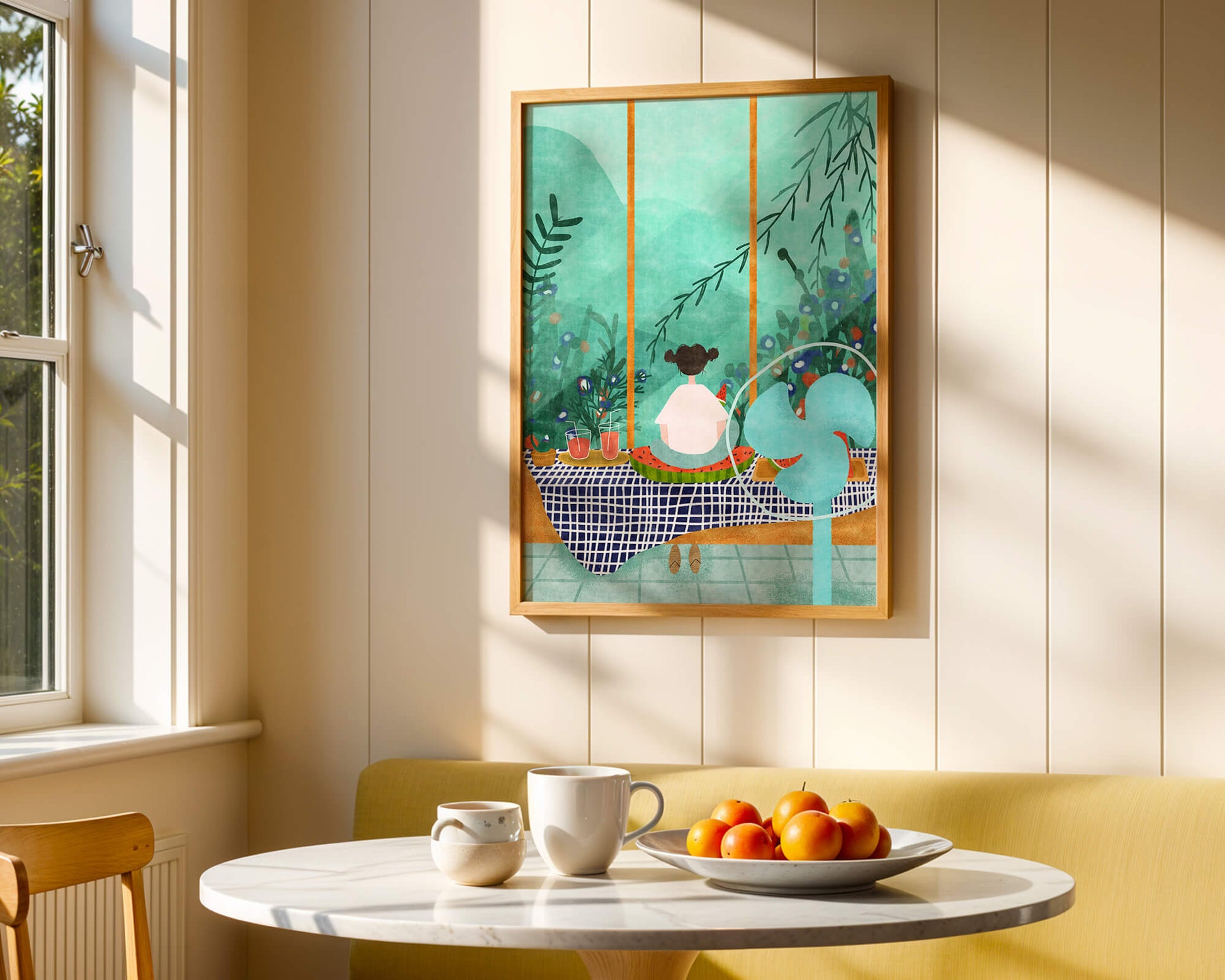 Young Girl Sitting on Checkered Table with Watermelon by Window Overlooking Nature