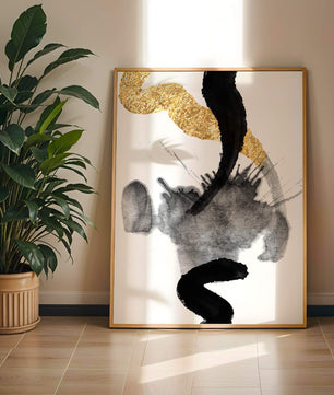 Abstract black and gold brushstrokes with textured patterns