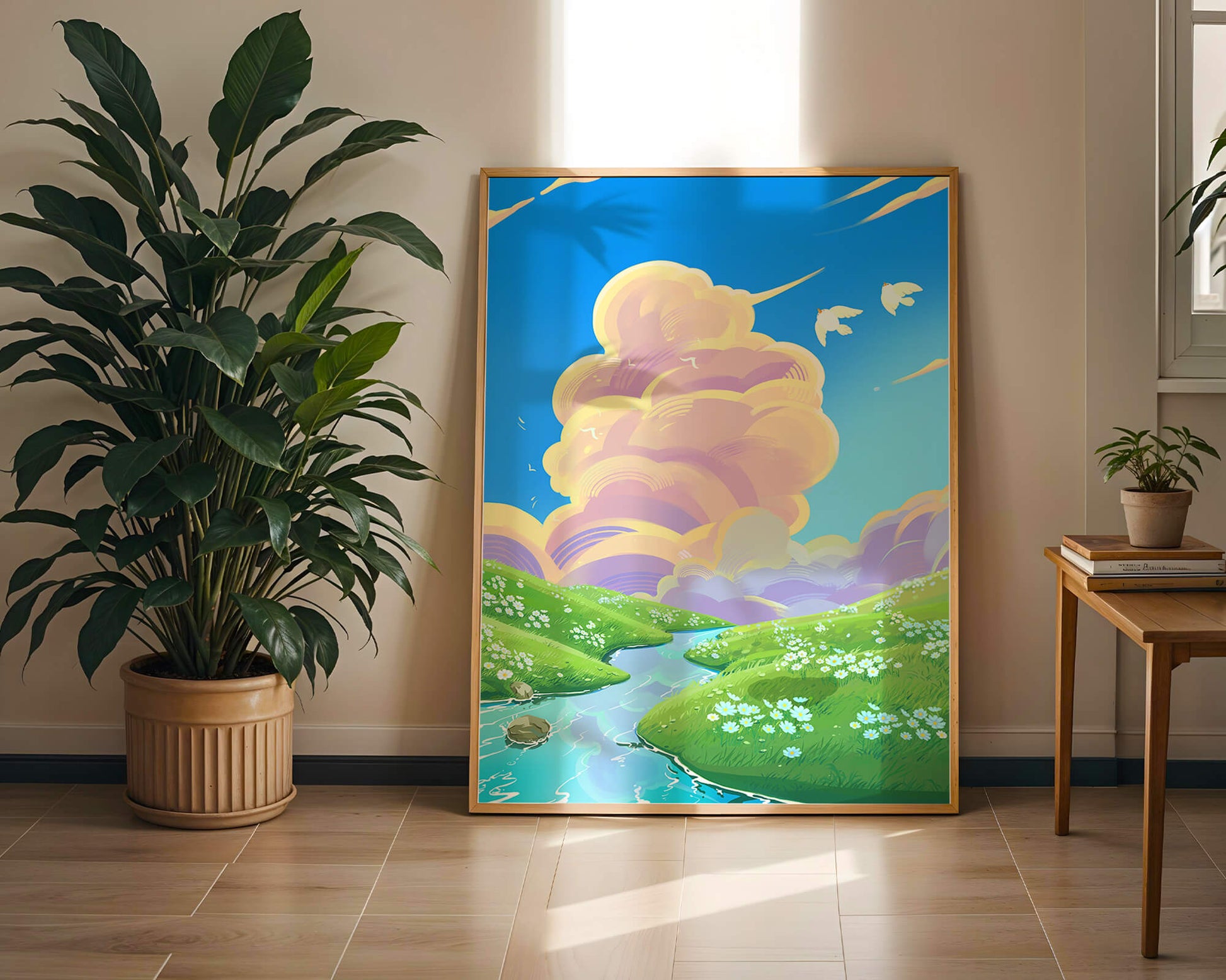 Serene landscape with rolling hills, stream, and vibrant sky