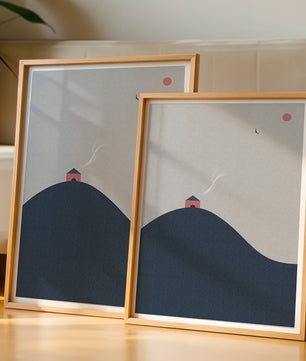 Minimalistische Landschaft mit Haus auf einem Hügel und Sonnenuntergang