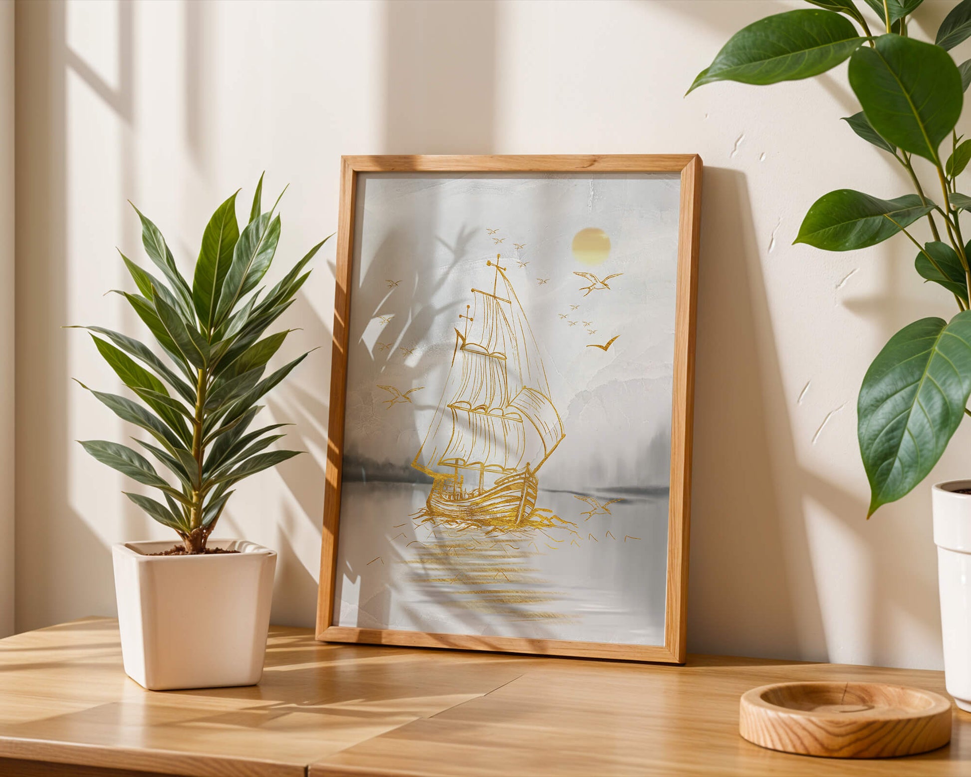 Serene nautical scene with golden sailboat at sea