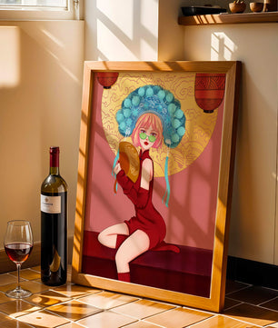 Elegante Illustration einer Frau in traditioneller Kleidung mit einem Fächer