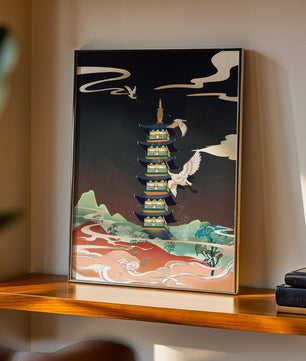 Scène illustrée d’une pagode traditionnelle avec des grues dans un paysage coloré