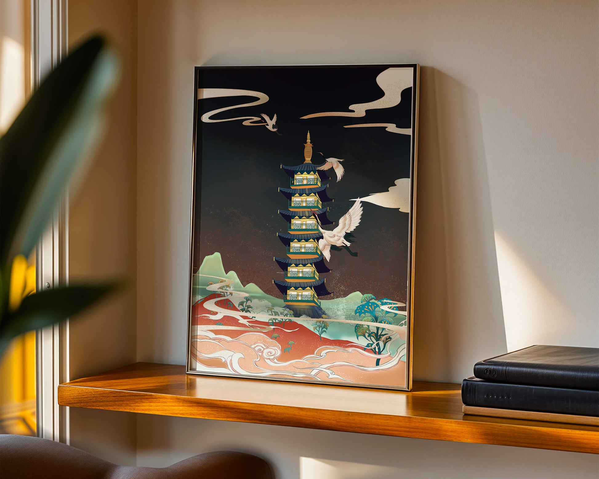 Illustrated scene of traditional pagoda with cranes in colorful landscape
