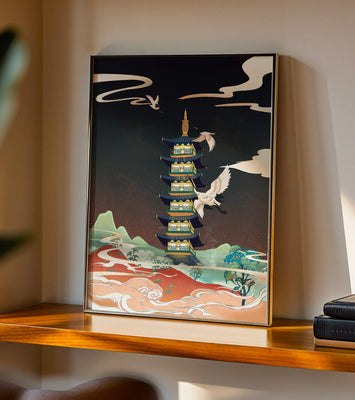 Illustrated scene of traditional pagoda with cranes in colorful landscape