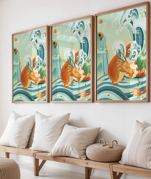 Dragon mythique au milieu de vagues stylisées et de montagnes aux couleurs vives