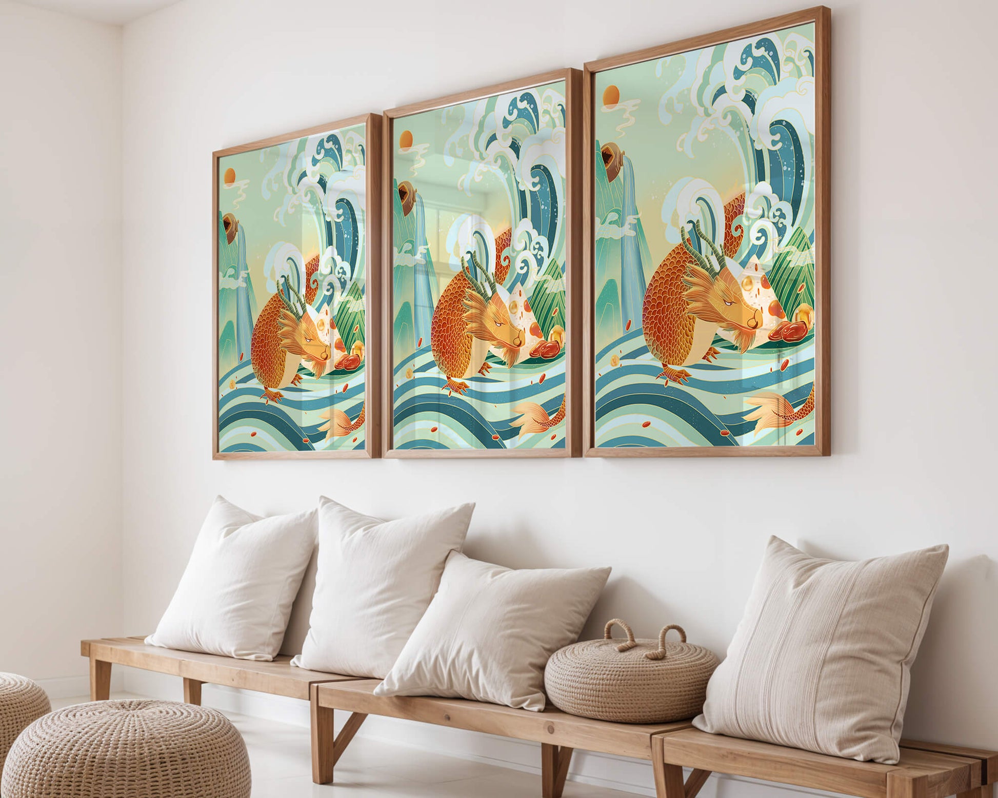 Mythical dragon amidst stylized waves and mountains in vibrant colors