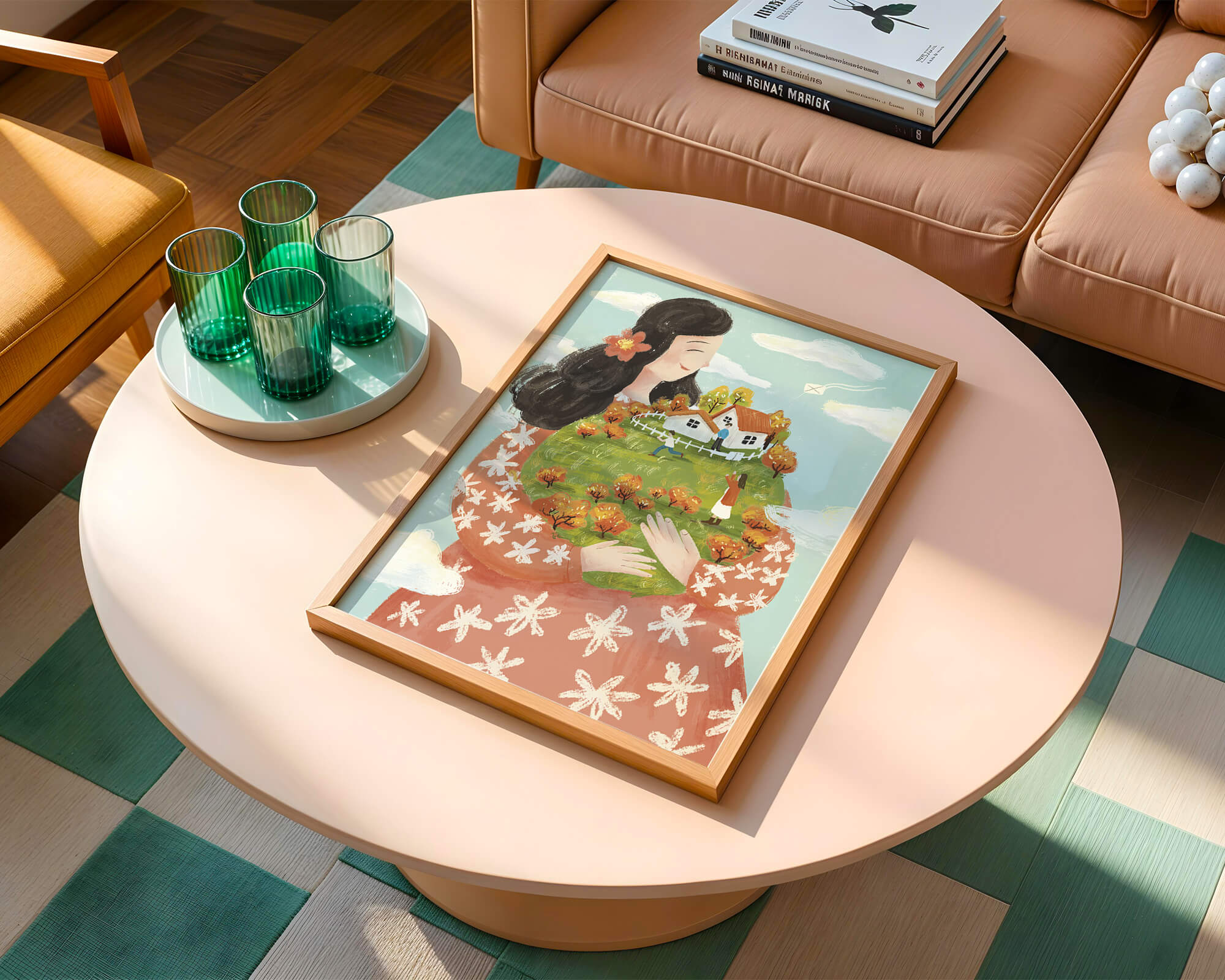 Whimsical Woman Holding Miniature Landscape with Family and Houses