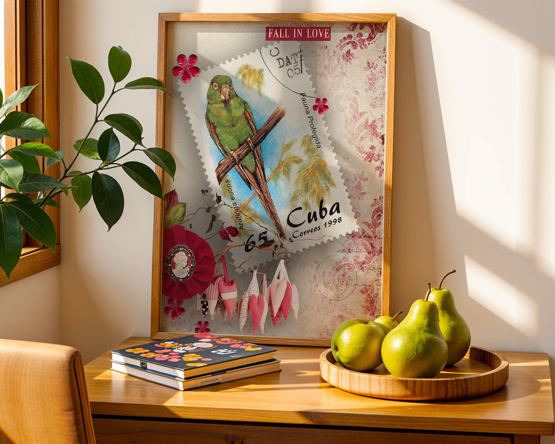 Vintage Cuban parrot stamp with romantic decorations