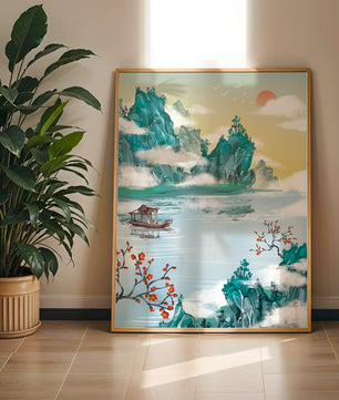 Serene lake scene with traditional boat and mountains under morning sun