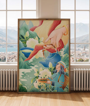 Escena ilustrativa de la cultura del té con montañas y elementos florales