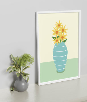 Yellow Sunflowers in a Blue Striped Vase on a Minimalist Background - Mi tienda