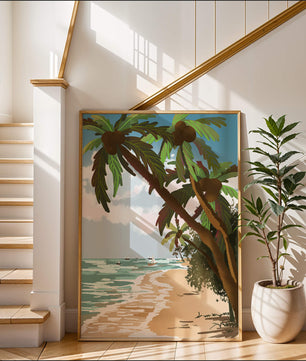 Tranquil Beach Scene with Palm Trees and Sailboats