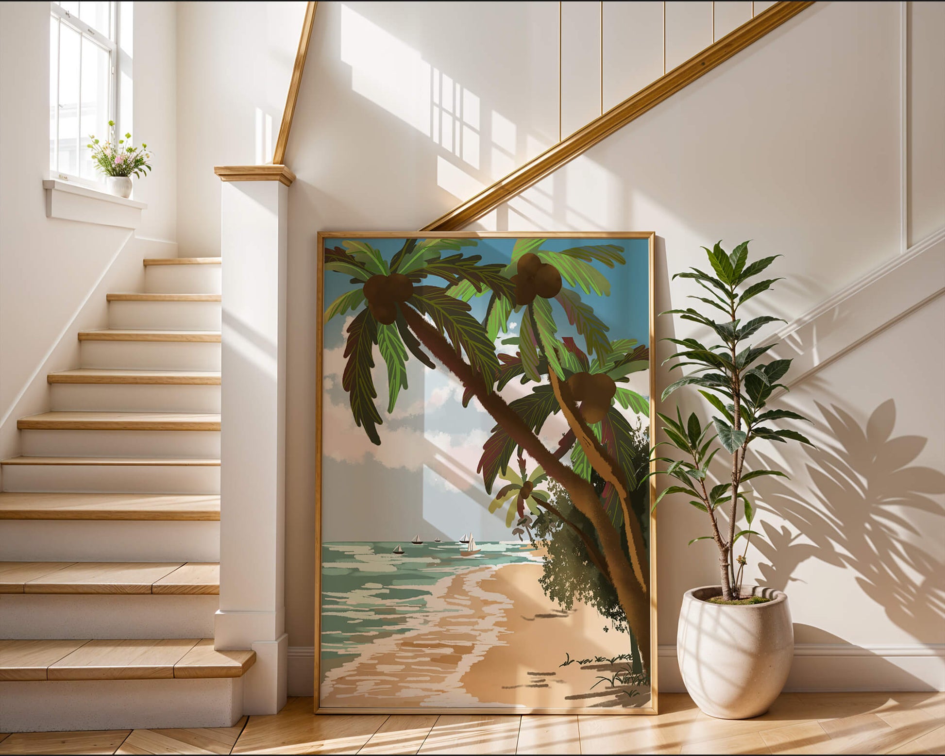 Tranquil Beach Scene with Palm Trees and Sailboats