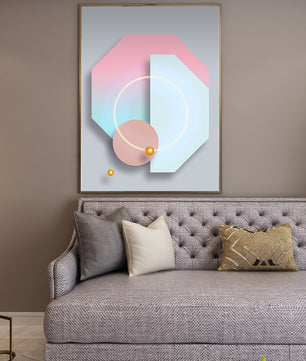 An abstract geometric art piece with pastel tones and golden accents