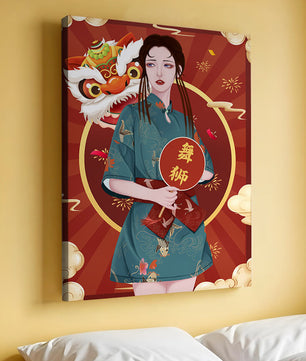 Elegant woman in traditional attire with lion dance mask in vibrant background