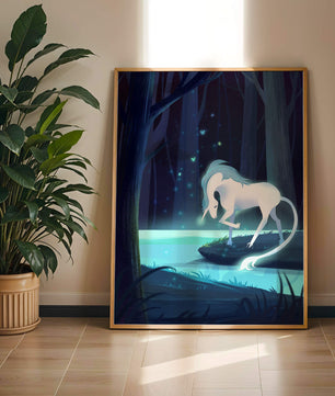 Escena nocturna encantadora con un unicornio junto a un arroyo del bosque