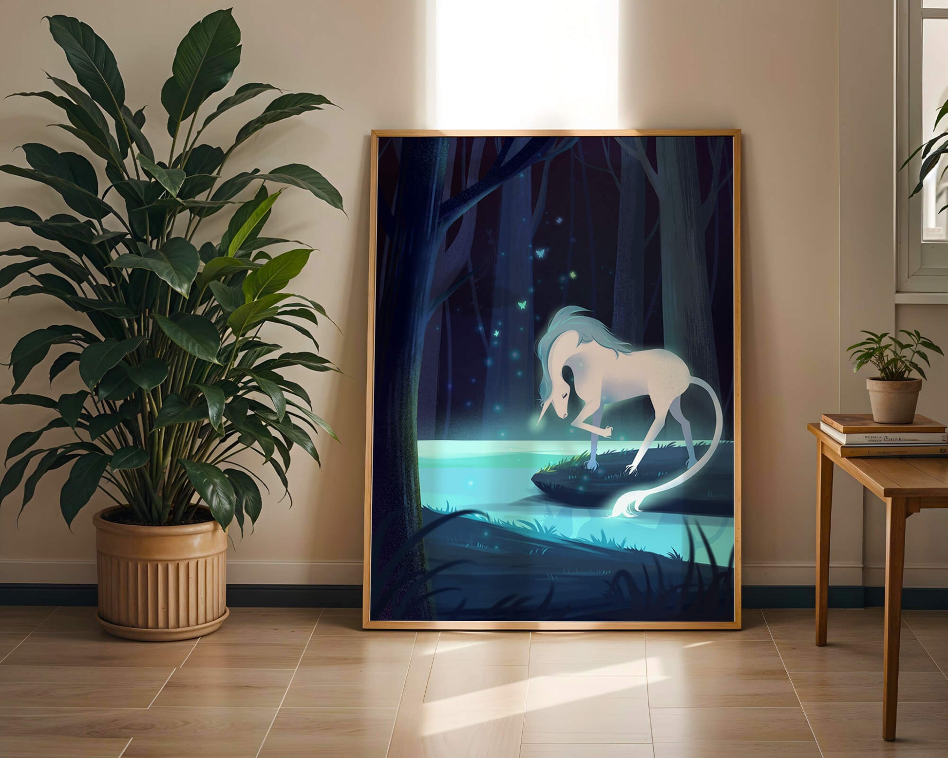 Enchanting night scene with a unicorn by a forest stream